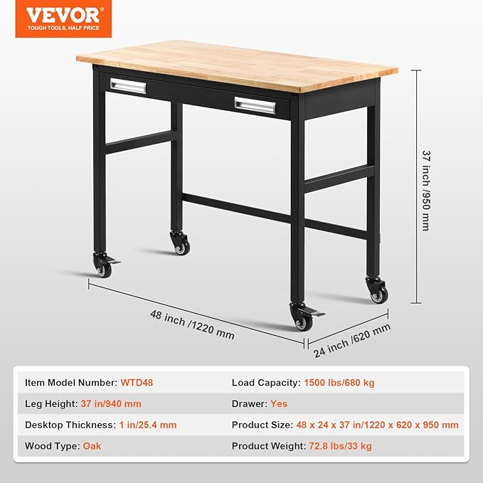 VEVOR 48" Workbench, 1500 lbs Load Capacity, Work Bench with Sliding Drawer Storage and Wheels, Rolling Workbench on Wheels, Heavy Duty Oak Wood Top Work Table for Garage, Workshop, Office, and Home