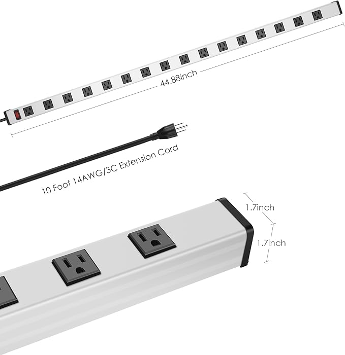 JUNNUJ Long Metal 16 Outlet Power Strip, Wide Spaced Garage Industrial Heavy Duty Power Strip with 10 FT Cord 15A, 125V, 1875W-Silver