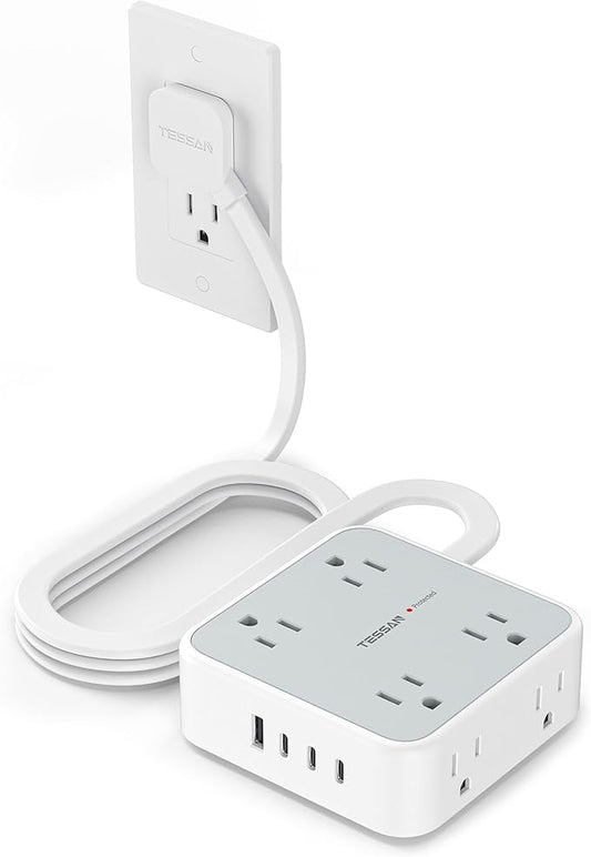 Surge Protector Power Strip, TESSAN 5 FT Extension Cord with Multiple Outlets Flat Plug, 4 USB (3 USB C) and 8 AC Outlets, 900J Protection, Wall Mount Charging Station for Home Office Supplies