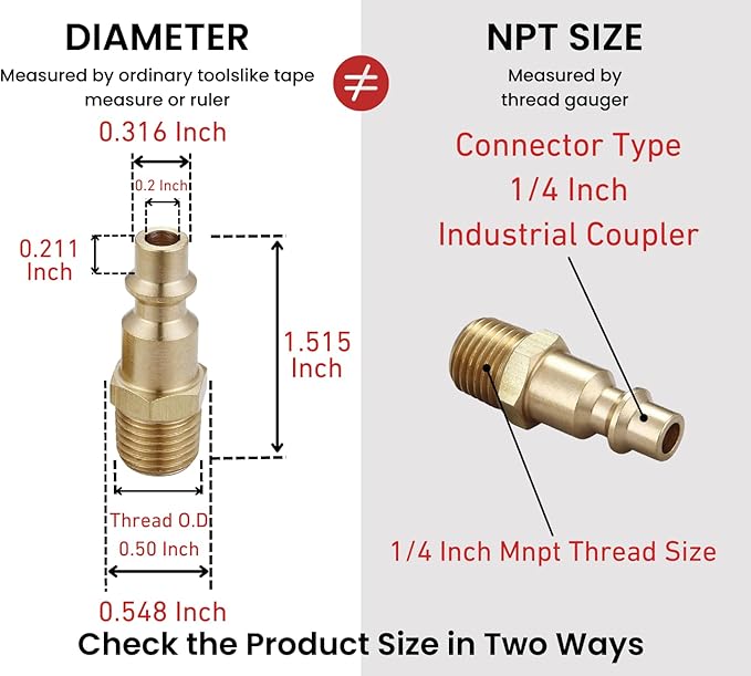 Air Hose Fittings And Quick Connect Air Fittings, 1/4 Inch NPT Brass Male Air Coupler Plug (20 Piece) Industrial Type D, Air Compressor Fittings