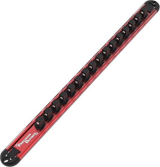 Precision Defined Aluminum Tool Socket Holder | Red, Single 3/8-Inch Socket Organizer x 16 Clips | Heavy Duty Socket Rails Organizer, Socket Storage, Socket Tray 360 Rotation
