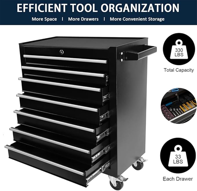 7 Drawer Metal Tool Chest 30 inch,Tool Cart On Wheels with Wheels,Mechanic Tool Cart with Lock and Toolboxes Trays for Garage Tool Storage Cabinet (Black)