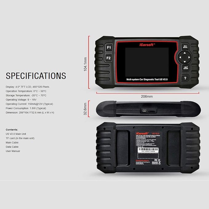 iCarsoft US V2.0 Diagnostic Scan Tool for American Vehicles Ford/GM (Cherolet/Buick/Cadillac/GMC)/Chrysler/Jeep/Holden +Oil Reset +EPB+BMS+DPF+SAS+ETC+BLD+INJ