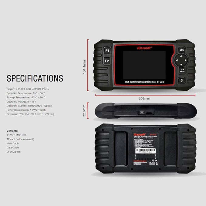 iCarsoft JP V2.0 Diagnostic Scan Tool for Japanese Vehicles Toyota/Lexus/Scion/Isuzu/Nissan/Infiniti/Mitsubishi/Honda(Acura)/Mazda/Subaru +Oil Reset +EPB+BMS+DPF+SAS+ETC+BLD+INJ