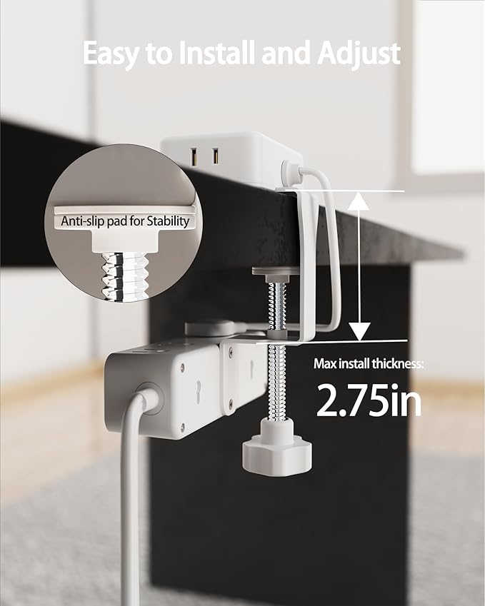 Dual Layer Desk Clamp Power Strip, White Desktop Edge Mount Charging Station with 13 Outlets 4 USB Ports (2 USB C), Under Desk Surge Protector(1700 Joules), 10 Ft Extension Cord for Office