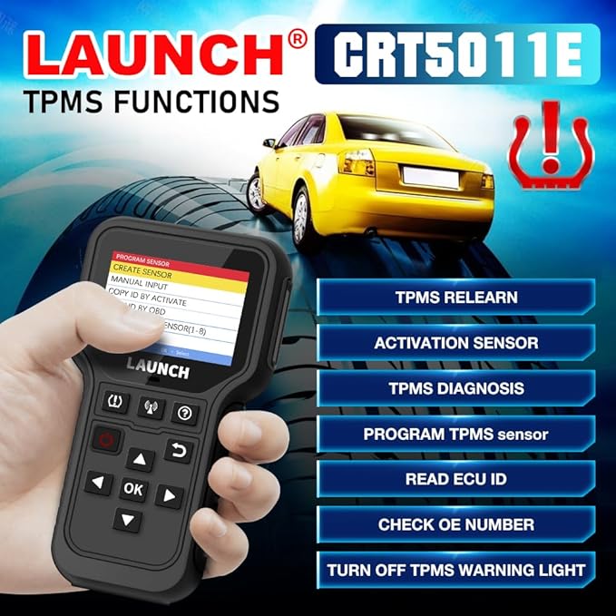 LAUNCH CRT5011E TPMS Relearn Tool, 2024 TPMS Sensor (315+433MHz) Read/Activate/Relearn/Reset Scanner Tool, Lifetime Free Update,OBD2 Code Reader, Tire Pressure Monitor System Diagnostics Tool