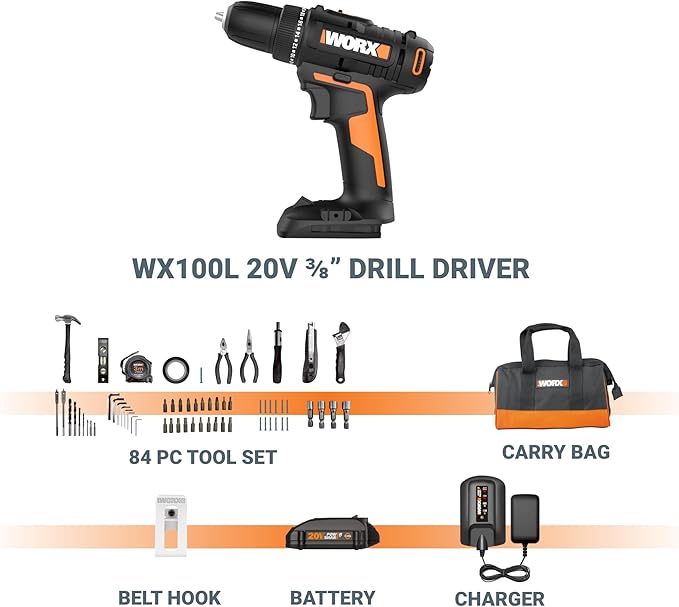 Worx 20V 3/8" Cordless Drill with 84pc Accessory Kit, Variable 2-Speed Drill Set 265 In-Lbs Torque 20+1 Clutch, Lightweight Compact Drill Driver 3/8-Inch Keyless Chuck – Battery & Charger Included