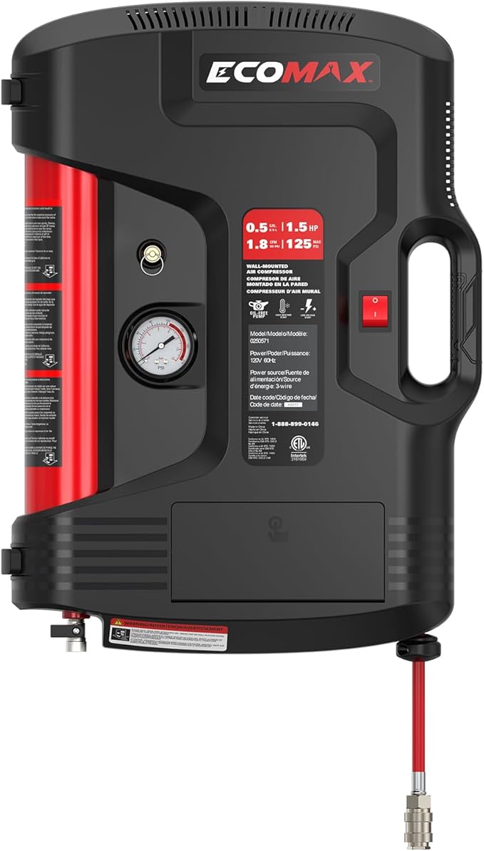 Portable Air Compressor, Wall-Mount with 30 Feet Air Hose, Mini Tank 125 PSI MAX Pressure & 1.5 HP, Oil-free Long Life Cycle for Shop, Garage and Home