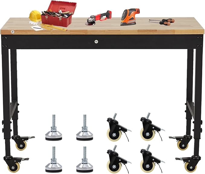 Workbench for Garage, 48" Adjustable Workbench, Heavy Duty Workstation 2000 LBS Load Capacity, Rubber Wood Top Workstation with 4 Rolling Casters, Power Outlets, Workbench for Workshop, Office