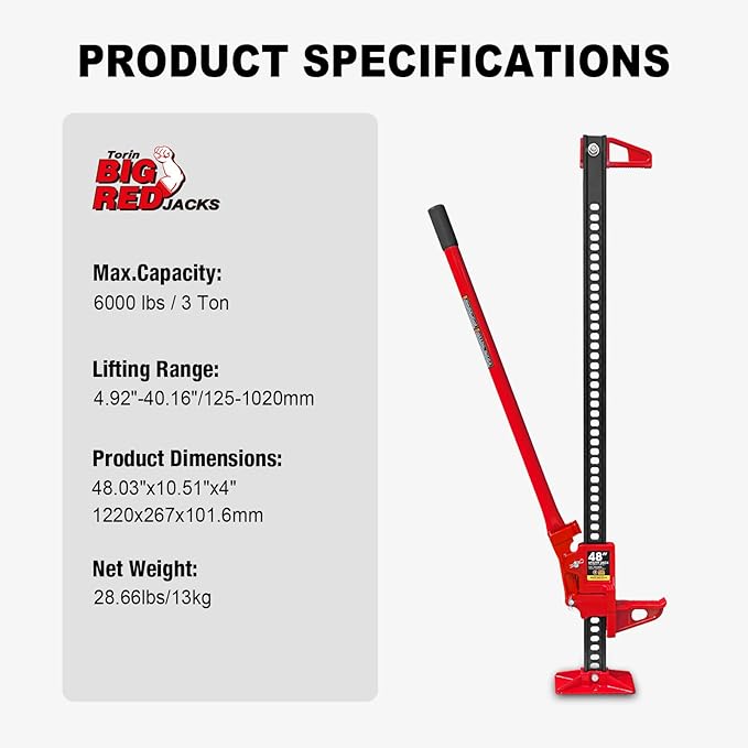 BIG RED TR6501B Torin 48" Ratcheting Off Road Utility Farm Jack, 3 Ton (6,000 lb) Capacity, Red