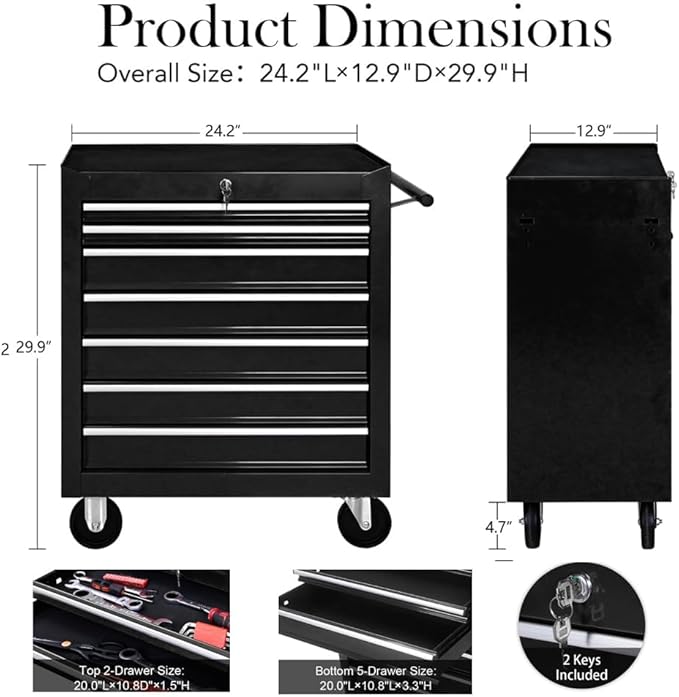 7 Drawer Metal Tool Chest 30 inch,Tool Cart On Wheels with Wheels,Mechanic Tool Cart with Lock and Toolboxes Trays for Garage Tool Storage Cabinet (Black)