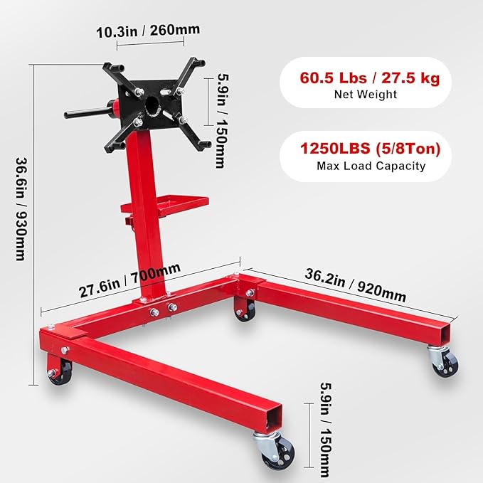 BIG RED TAM25671-2 Torin Steel Rotating Engine Stand with 360 Degree Adjustable Mounting Head and Extra Tool Storage Tray: 5/8 Ton (1,250 lb) Capacity, Red