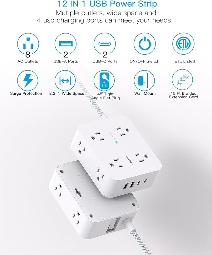 Surge Protector Power Strip 15 Ft Long Cord, Extension Cord 15 Feet with 8 Outlets 4 USB Ports(2 USB C), Flat Plug, Desk Charging Station for Home Office College Dorm Room Essentials