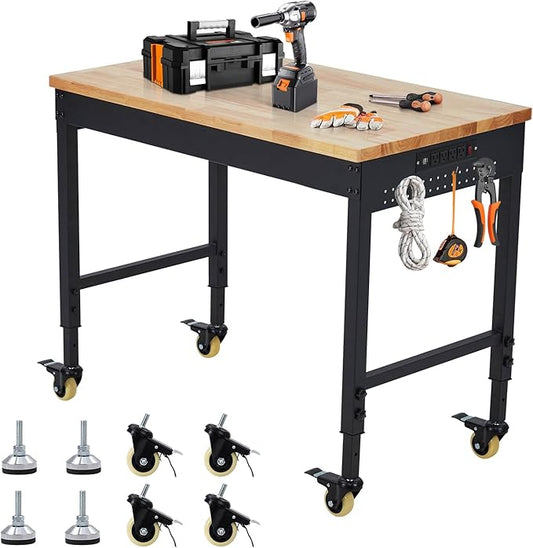 Workbench for Garage, 48" Adjustable Workbench, Heavy Duty Workstation 2000 LBS Load Capacity, Rubber Wood Top Workstation with 4 Rolling Casters, Power Outlets, Workbench for Workshop, Office