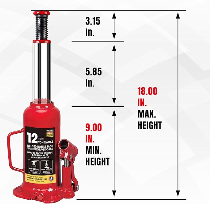 BIG RED T91213-1 Torin Hydraulic Bottle Jack with Carrying Case, 12 Ton (24,000 lb.) Capacity,for Pickup, Truck, Car, RV, Auto Repair, Industrial Engineering