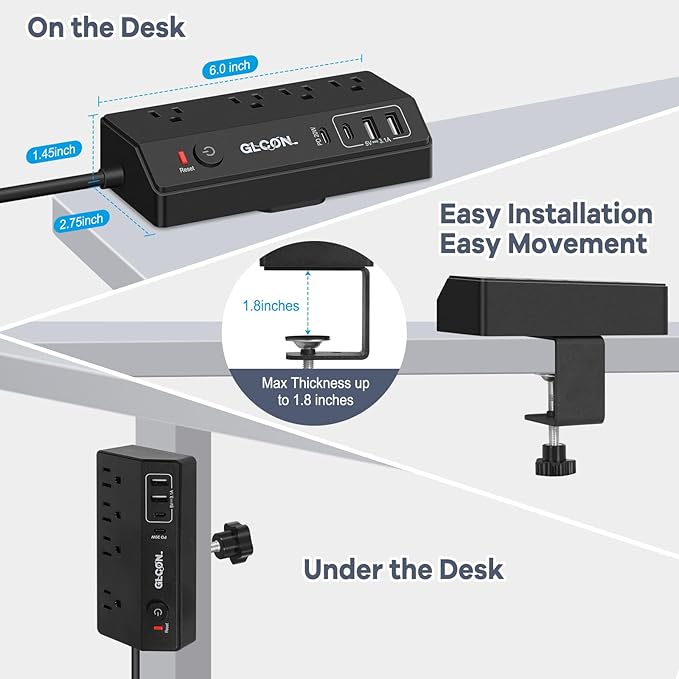 Desk Clamp Power Strip - 20W USB C Fast Charging Station - Desk Power Strip Flat Plug Extension Cord 10FT with 4 USB Ports + 4 Outlets - Desktop Mount Surge Protector - Fit 1.8" Tabletop Edge