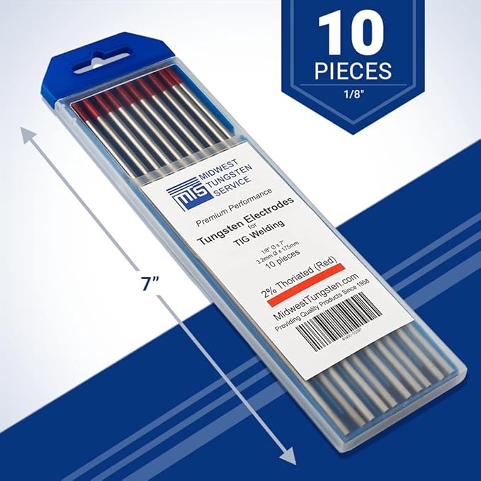 Midwest Tungsten Service TIG Welding Tungsten Electrodes 10-Pack (Red - 2% Thoriated Tungsten (WT20/EWth-2), 1/8")