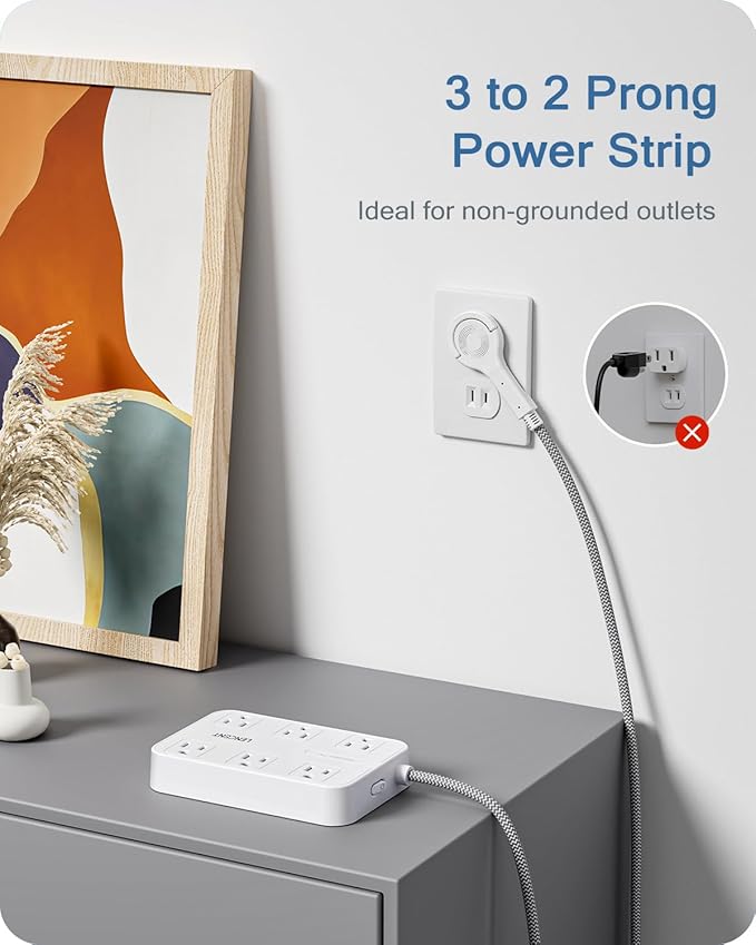 LENCENT 2 Prong Power Strip, 3 to 2 Prong Outlet Adapter, Two Prong Surge Protector, 6ft Braided Extension Cord with Thin Flat Polarized Plug, 6 AC&4 USB(1 Type-C), Wall Mount for Non-Grounded Outlet