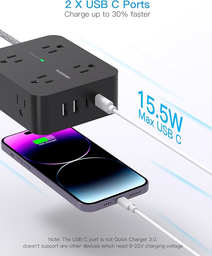 Power Strip Surge Protector 10 Ft Cord, Extension Cord Flat Plug with 8 Outlets 4 USB Ports(2 USB C), Wall Mount, Desk Charging Sation for Home Offcie