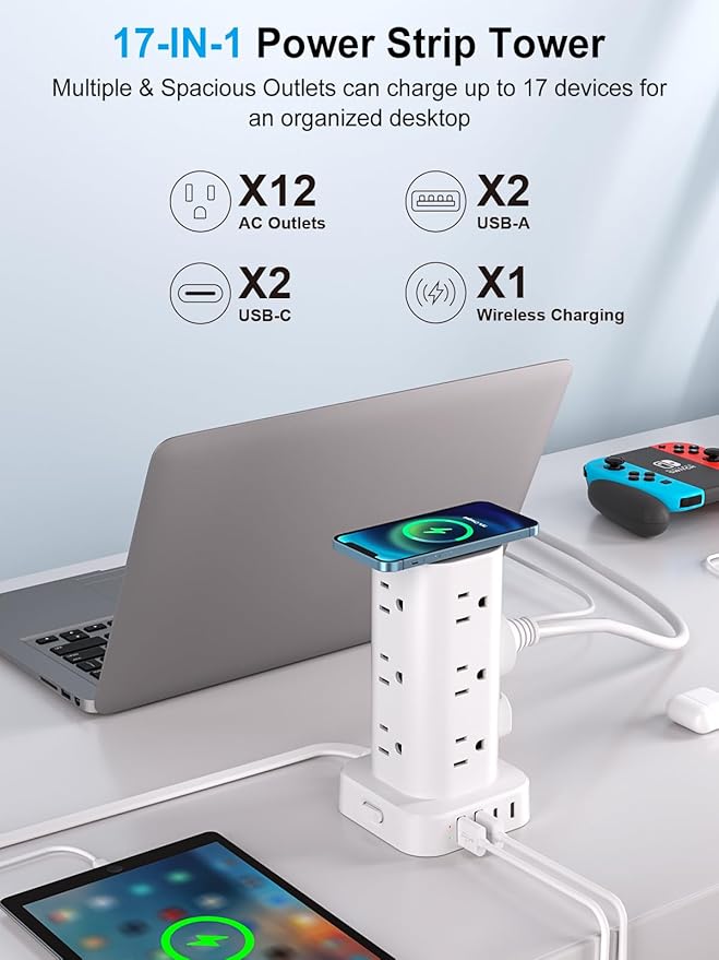 Power Strip Tower with Wireless Charger, Flat Plug Surge Protector Tower with 10FT Extension Cord, 12 AC Multiple Outlets, 4 USB (2 USB C),15W Wireless Charging Power Tower for Home Office Dorm,White