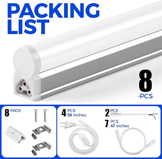 Barrina LED Shop Light, 4 ft 2200lm 6500K (Super Bright White) T5 Fixture, Linkable Shop Lights, Strip Lights, Tube Lights for Garage Warehouse Workshop Basement, ETL Listed, Plug and Play, 8-Pack