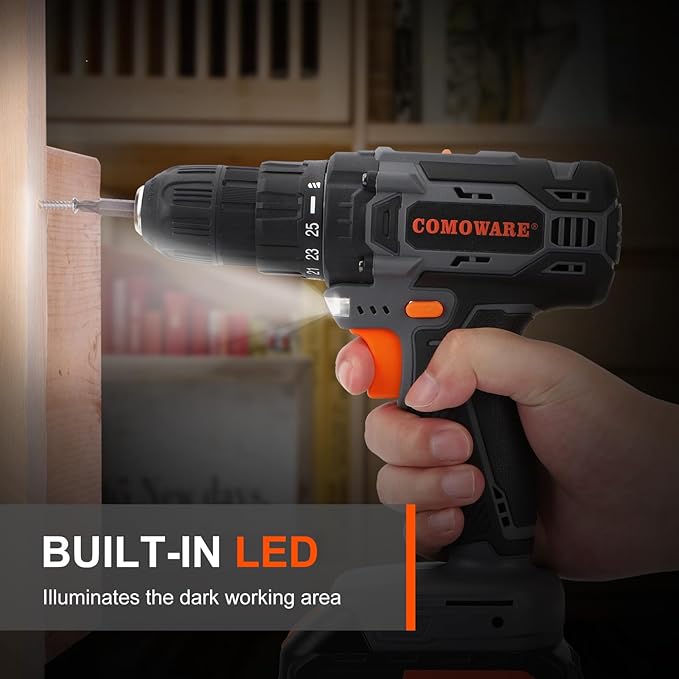 COMOWARE Cordless Drill Set, 20V Electric Power Drill Set,1 Battery & Charger, 3/8" Keyless Chuck, 2 Variable Speed, 266 In-lb Torque, 25+1 Position, Orange
