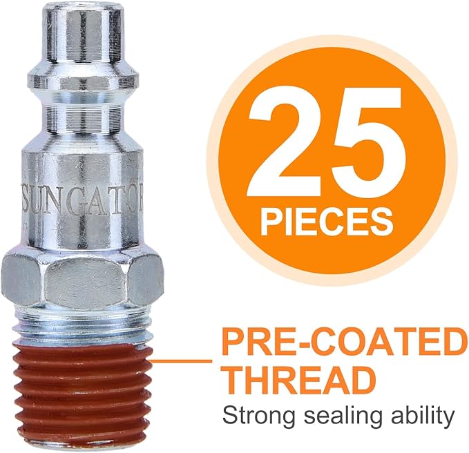 SUNGATOR 25-Pack 1/4 Inch Air Hose Fittings, 1/4'' Male NPT Industrial Plugs Kit, 1/4 Inch Quick Connect Air Line Hose Fittings, 1/4'' Industrial Hose Repair Plugs Kit for Comressor, Auto Shop