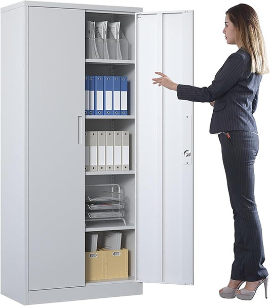 Metal Storage Cabinet with Adjustable Shelves, Garage Tool Cabinet with 2 Lockable Doors for Office, Home, Garage, Require Assembly, White