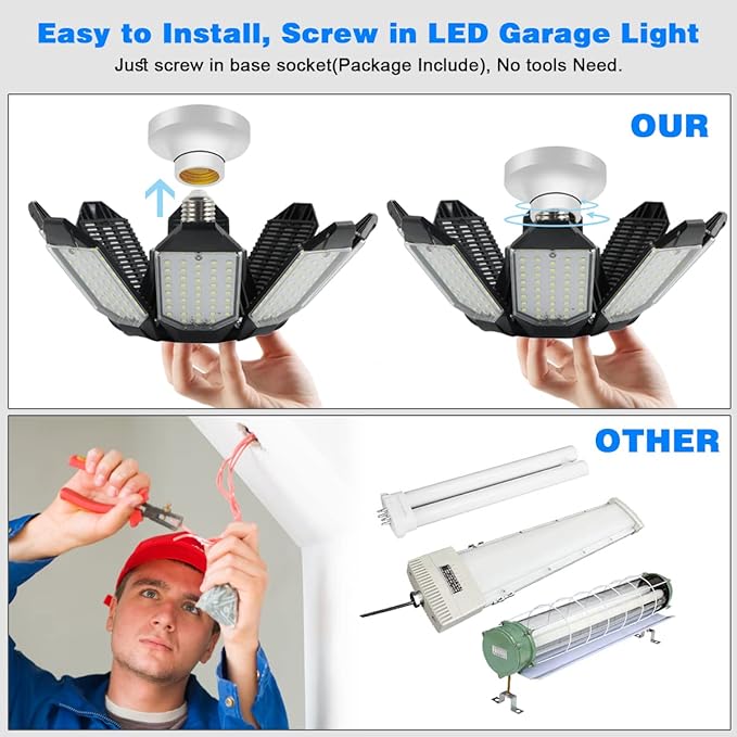 Garage Light - 40000LM Super Bright 6500K Garage Lights Ceiling Led w/ 8 Deformable Panels Compatible for E26/E27 Garage Light Socket Applicable for Garage Barn Warehouse Attic - 2Pack