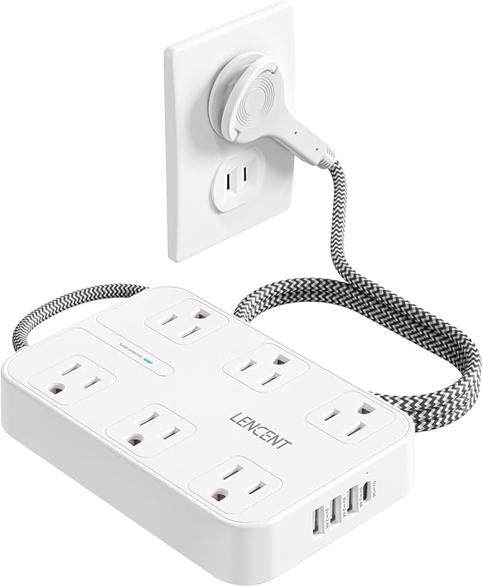LENCENT 2 Prong Power Strip, 3 to 2 Prong Outlet Adapter, Two Prong Surge Protector, 6ft Braided Extension Cord with Thin Flat Polarized Plug, 6 AC&4 USB(1 Type-C), Wall Mount for Non-Grounded Outlet