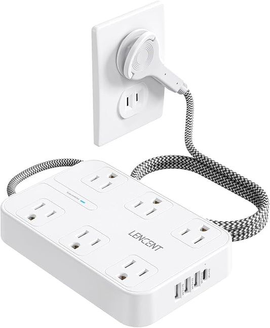 LENCENT 2 Prong Power Strip, 3 to 2 Prong Outlet Adapter, Two Prong Surge Protector, 6ft Braided Extension Cord with Thin Flat Polarized Plug, 6 AC&4 USB(1 Type-C), Wall Mount for Non-Grounded Outlet