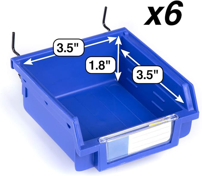 Pegboard Bins - 6 Pack Blue - Hooks to Any Peg Board - Organize Hardware, Accessories, Attachments, Workbench, Garage Storage, Craft Room, Tool Shed, Hobby Supplies, Small Parts