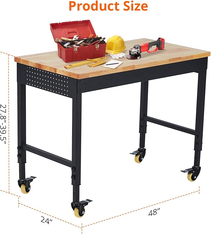 Workbench for Garage, 48" Adjustable Workbench, Heavy Duty Workstation 2000 LBS Load Capacity, Rubber Wood Top Workstation with 4 Rolling Casters, Power Outlets, Workbench for Workshop, Office