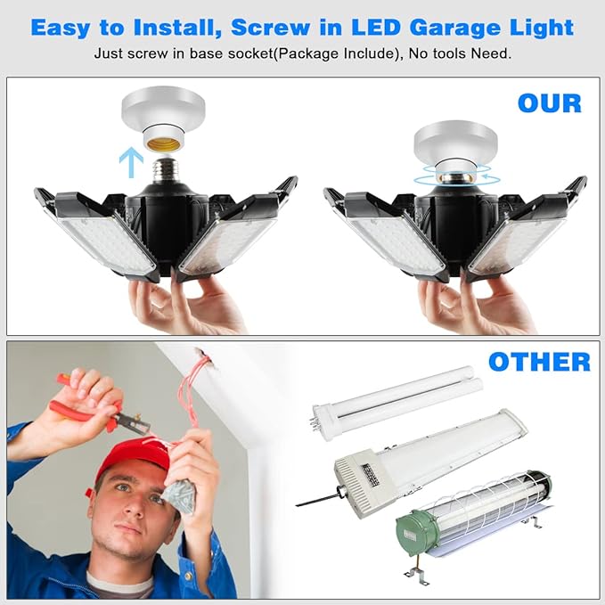 LED Garage Light - 160W LED Garage Ceiling Light 16000LM 6500K Super Bright Garage Lighting with 6 Deformable Panels Screw in Shop Light for Basement Workshop Warehouse Attic