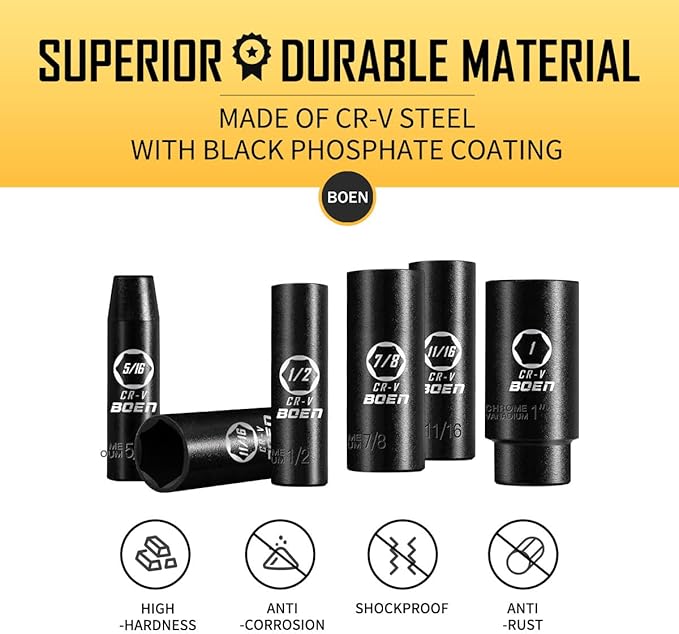 BOEN 1/2" Drive SAE Deep Impact Socket Set, 12 Piece Cr-V Steel Socket Set SAE Size 5/16" to 1", Black Phosphate Coating, 6 Point Design, Meets ANSI Standards