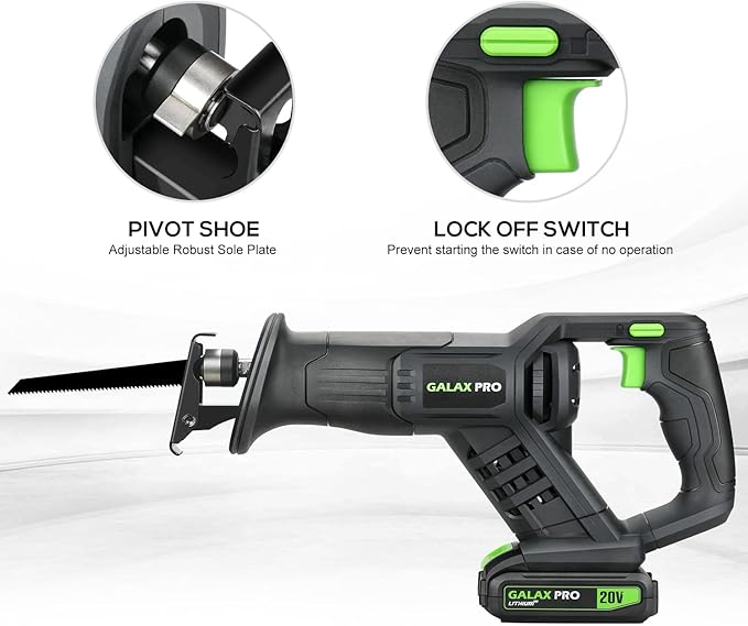 GALAX PRO Reciprocating Saw, Cordless Reciprocating Saw with battery, 0-3000RPM, 20V 2.0Ah Cordless Saw, 3pcs 6-inch Wood Saw Blade & 2pcs 6-inch Metal Saw Blade for thin wooden board, soft metal