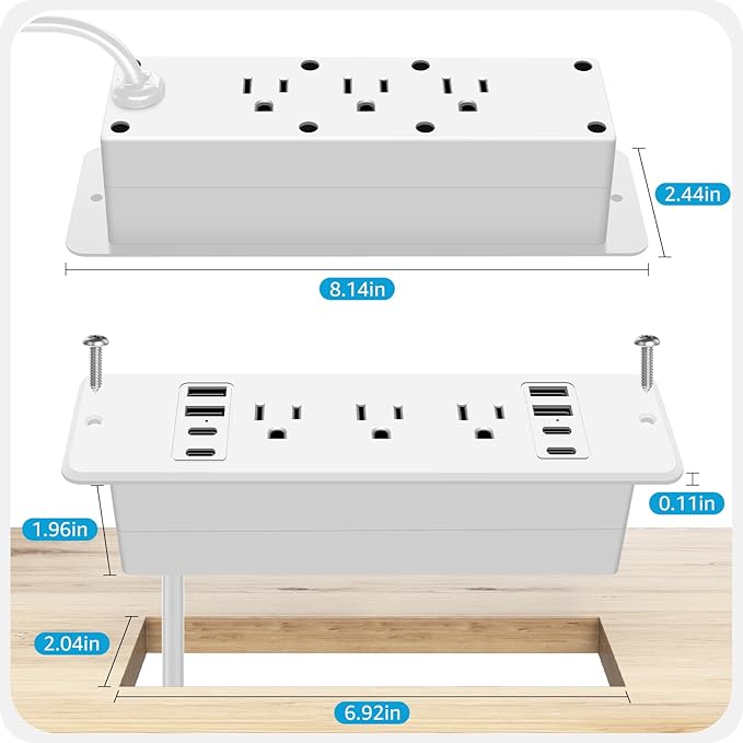 HHSOET 14 in 1 Fast Charging Recessed Power Strip, 20W Furniture Power Outlet USB C, Flush Mount Surge Protection with 6 AC Plugs, 4 USB-A and 4 USB-C, 6ft Power Cord. (White)