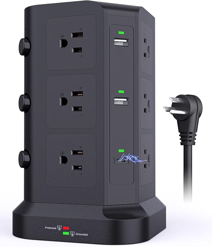 KOOSLA Dual 20W USB-C Power Strip Tower, Surge Protector Power Strip, Power Tower with USB Ports and Widely Spaced AC Outlets,1875W/15A, Charging Tower with 6.5ft Heavy-Duty Extension Cord Black