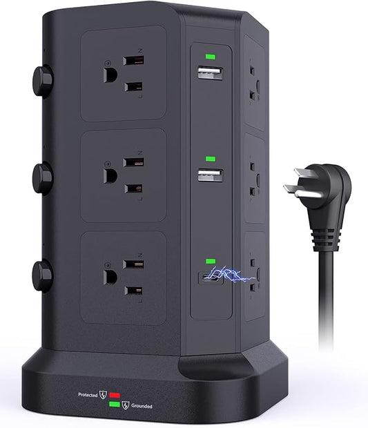 KOOSLA Dual 20W USB-C Power Strip Tower, Surge Protector Power Strip, Power Tower with USB Ports and Widely Spaced AC Outlets,1875W/15A, Charging Tower with 6.5ft Heavy-Duty Extension Cord Black