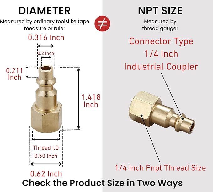 Air Hose Fittings And Quick Connect Air Fittings, 1/4 Inch NPT Brass Female Air Coupler Plug (20 Piece) Industrial Type D, Air Compressor Fittings