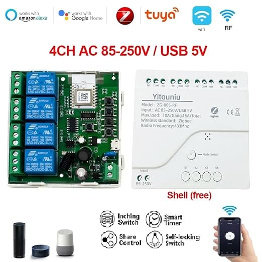 Zigbee 4CH AC85-250V USB5V Relay Smart Switch Module,Wireless APP Remote Control with Inching/Self-Lock/Interlock modle，Works with Tuya Zigbee Gateway，Alexa，Google Home (Required ZigBee Hub)
