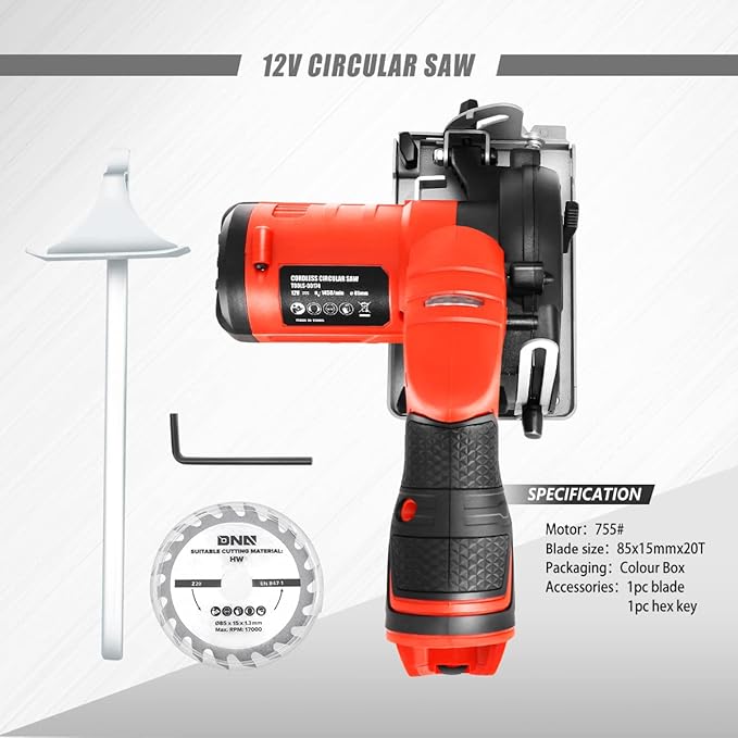 DNA MOTORING TOOLS-00174 12V Compact Cordless Circular Saw with 85mm 20T Blade and Hex Key, Adjustable Cutting Depth/Angle, Red (Tool Only)