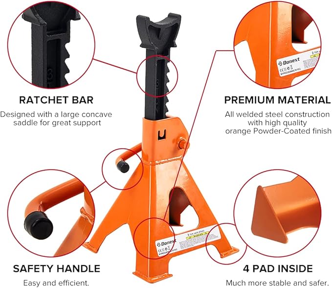 Donext Jack Stands 3 Ton (6,500 lb) Capacity Steel, 1 Pair Orange Lifting Stand Adjustable Jack Stands