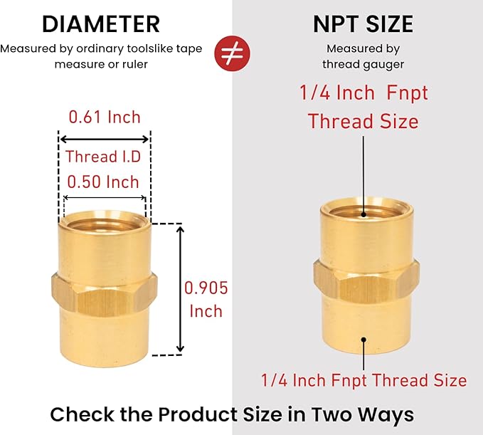 Brass Coupling 1/4 Inch NPT Female x 1/4 Inch NPT Female Hex Head Pipe Fitting, Pack of 10, Compressor connector 1/4 fnpt to 1/4 fnpt Coupler, Air Hose Adapter Brass Fittings