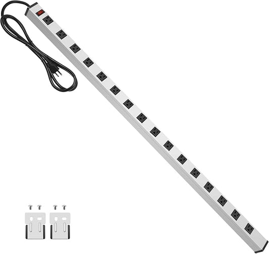 JUNNUJ Long Metal 16 Outlet Power Strip, Wide Spaced Garage Industrial Heavy Duty Power Strip with 10 FT Cord 15A, 125V, 1875W-Silver