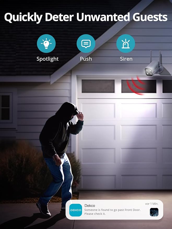 DEKCO 4 Pack Wired Home Camera Outdoor with 2K Color Night Vision, Pan Rotating 180° Security Cameras Support 24/7 Recording, 2.4&5G WiFi, AI Human Auto Tracking, Work with Alexa/Google Assistant