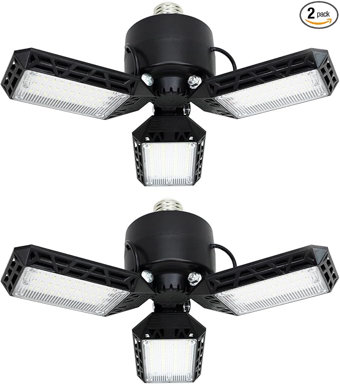 2Pack LED Garage Lights, 80W 8000LM LED Garage Ceiling Light 6500K LED Shop Light With 3 Deformable Panels, Screw in E26/E27 Socket LED Bulbs for Garage Basement Workshop Warehouse Barn Attic