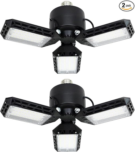 2Pack LED Garage Lights, 80W 8000LM LED Garage Ceiling Light 6500K LED Shop Light With 3 Deformable Panels, Screw in E26/E27 Socket LED Bulbs for Garage Basement Workshop Warehouse Barn Attic