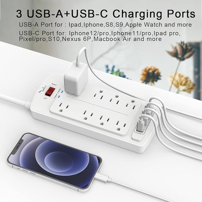 Surge Protector Power Strip - Nuetsa Flat Plug Extension Cord with 8 Outlets and 4 USB Ports, 10 Feet Power Cord (1625W/13A), 2700 Joules, ETL Listed, White