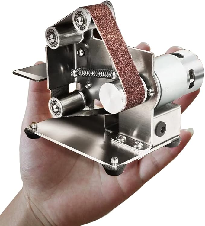 Electric Belt Sander for Woodworking, Mini Belt Sander for Metal Plastic Working DIY Small Projects, 7 Speed Regulation, Angle Adjustable Belt Knife Sharpener with 10pcs Belts and Dust Shield